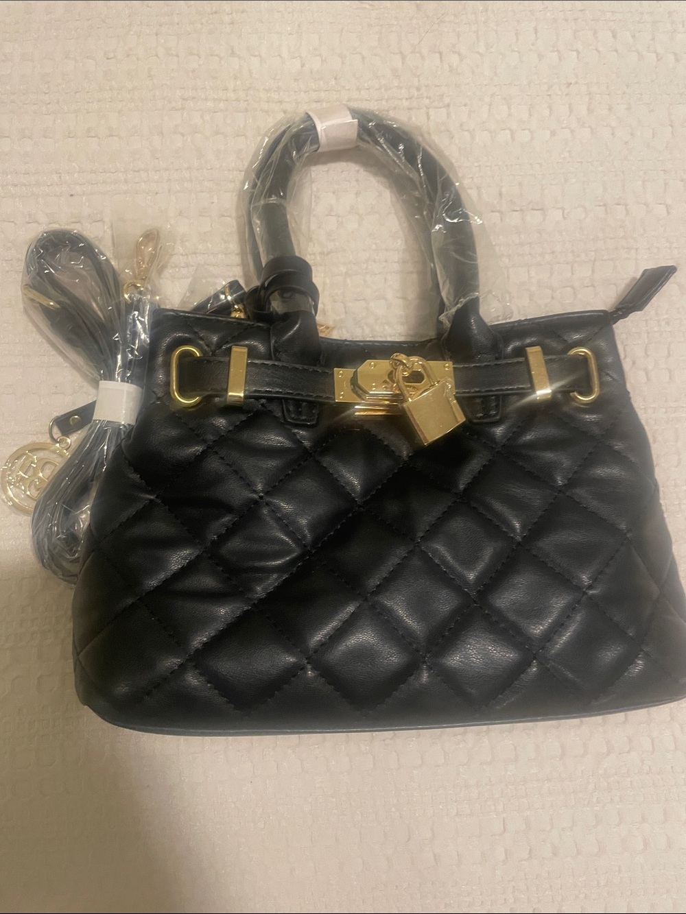 Badgley Mischka Black Quilted Satchel with Gold Hardware